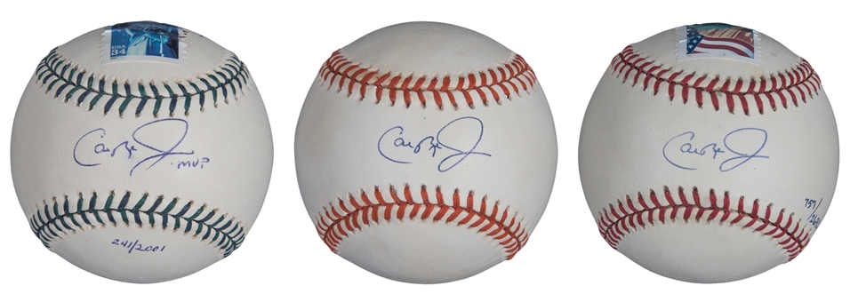 Lot of (3)  Cal Ripken Jr. Signed & Inscribed Commemorative Milestone Baseballs (Beckett)